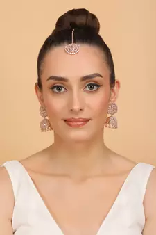 Rose Gold Plated White Stone Jhumka with Tikka 216ED687