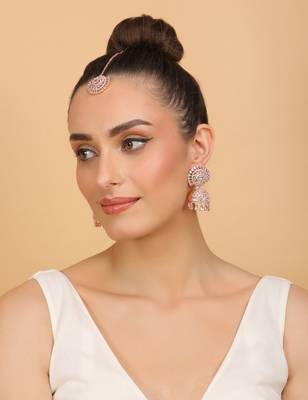 Rose Gold Plated White Stone Jhumka with Tikka 216ED687 4