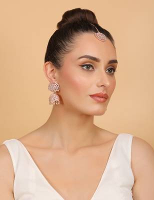 Rose Gold Plated White Stone Jhumka with Tikka 216ED687 5