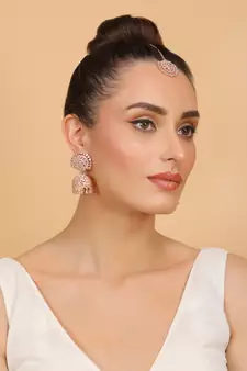 Rose Gold Plated White Stone Jhumka with Tikka 216ED687