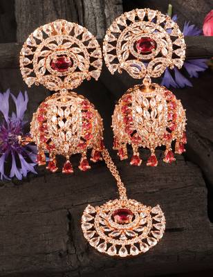 Rose Gold Plated Hydro Ruby Stone Jhumka with Tikka 216ED688 1