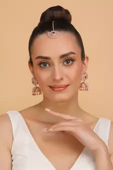 Rose Gold Plated Hydro Ruby Stone Jhumka with Tikka 216ED688
