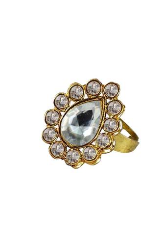 Brass Gold Platted  White Stone Studded  Ring With Adjustable