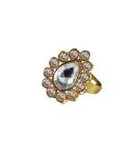 Brass Gold Platted  White Stone Studded  Ring With Adjustable