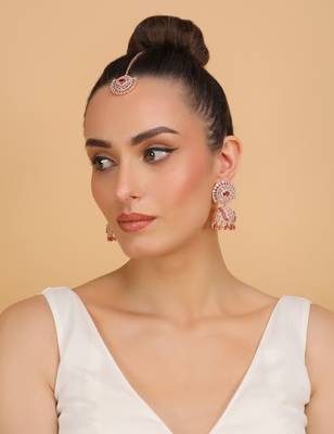 Rose Gold Plated Hydro Ruby Stone Jhumka with Tikka 216ED688 3