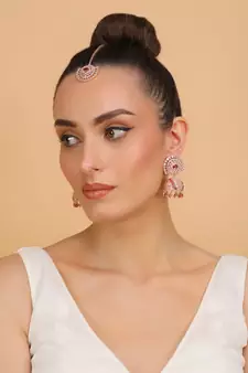 Rose Gold Plated Hydro Ruby Stone Jhumka with Tikka 216ED688