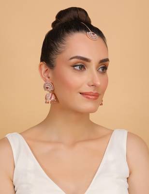Rose Gold Plated Hydro Ruby Stone Jhumka with Tikka 216ED688 4