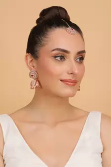 Rose Gold Plated Hydro Ruby Stone Jhumka with Tikka 216ED688