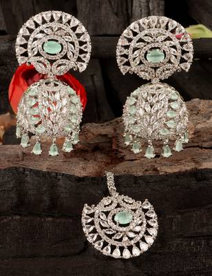 Rhodium Plated Mint Stone Jhumka with Tikka 216ED689 1
