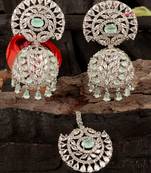 Rhodium Plated Mint Stone Jhumka with Tikka 216ED689