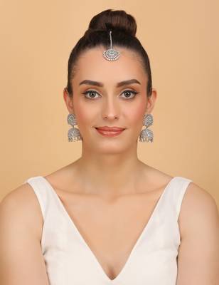 Rhodium Plated Mint Stone Jhumka with Tikka 216ED689 2