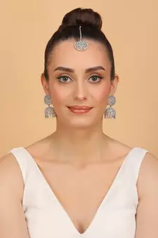 Rhodium Plated Mint Stone Jhumka with Tikka 216ED689