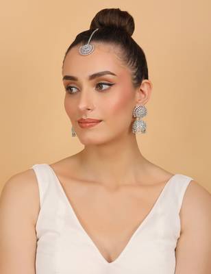 Rhodium Plated Mint Stone Jhumka with Tikka 216ED689 3