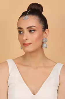 Rhodium Plated Mint Stone Jhumka with Tikka 216ED689