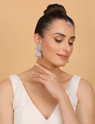 Rhodium Plated Mint Stone Jhumka with Tikka 216ED689 4