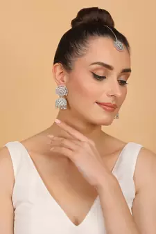 Rhodium Plated Mint Stone Jhumka with Tikka 216ED689