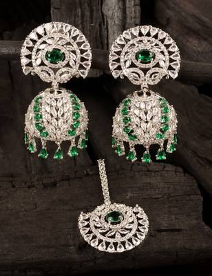 Rhodium Plated Hydro Green Stone Jhumka with Tikka 216ED690 1