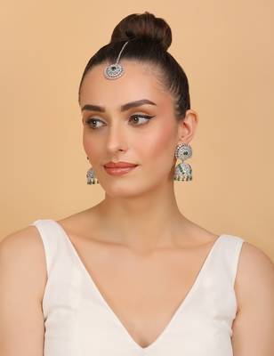 Rhodium Plated Hydro Green Stone Jhumka with Tikka 216ED690 3