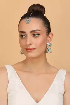 Rhodium Plated Hydro Green Stone Jhumka with Tikka 216ED690