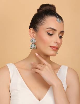 Rhodium Plated Hydro Green Stone Jhumka with Tikka 216ED690 4