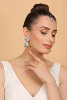 Rhodium Plated Hydro Green Stone Jhumka with Tikka 216ED690