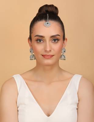 Rhodium Plated Hydro Green Stone Jhumka with Tikka 216ED690 5