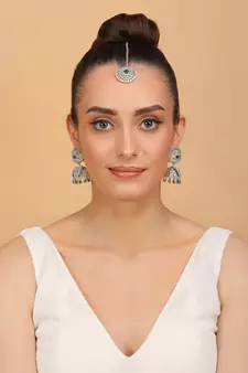 Rhodium Plated Hydro Green Stone Jhumka with Tikka 216ED690