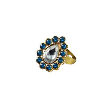 Brass Gold Platted  Blue Stone Studded  Ring With Adjustable 1