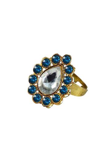 Brass Gold Platted  Blue Stone Studded  Ring With Adjustable
