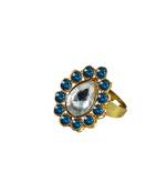Brass Gold Platted  Blue Stone Studded  Ring With Adjustable