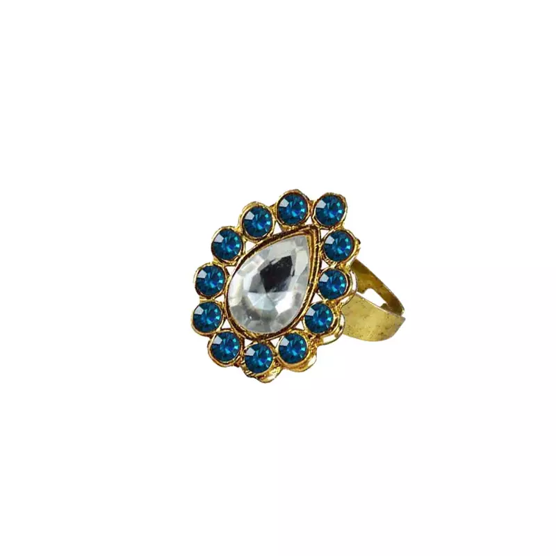 Brass Gold Platted  Blue Stone Studded  Ring With Adjustable