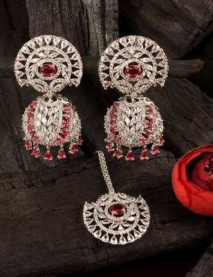 Rhodium Plated Hydro Ruby Stone Jhumka with Tikka 216ED691 1