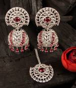 Rhodium Plated Hydro Ruby Stone Jhumka with Tikka 216ED691