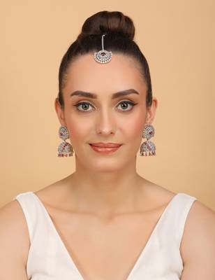Rhodium Plated Hydro Ruby Stone Jhumka with Tikka 216ED691 2