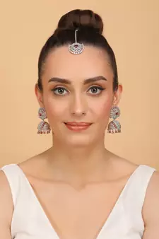 Rhodium Plated Hydro Ruby Stone Jhumka with Tikka 216ED691
