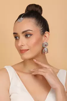 Rhodium Plated Hydro Ruby Stone Jhumka with Tikka 216ED691