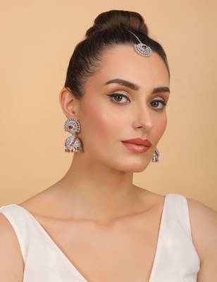 Rhodium Plated Hydro Ruby Stone Jhumka with Tikka 216ED691 4