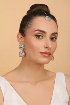 Rhodium Plated Hydro Ruby Stone Jhumka with Tikka 216ED691