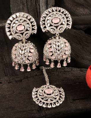 Rhodium Plated Pink Stone Jhumka with Tikka 216ED692 1