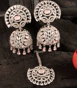 Rhodium Plated Pink Stone Jhumka with Tikka 216ED692