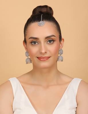 Rhodium Plated Pink Stone Jhumka with Tikka 216ED692 2