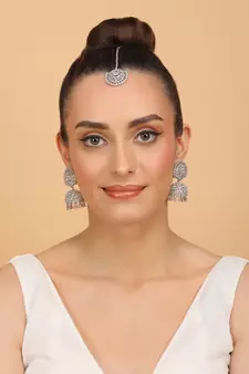 Rhodium Plated Pink Stone Jhumka with Tikka 216ED692
