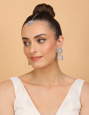 Rhodium Plated Pink Stone Jhumka with Tikka 216ED692 3
