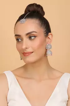 Rhodium Plated Pink Stone Jhumka with Tikka 216ED692