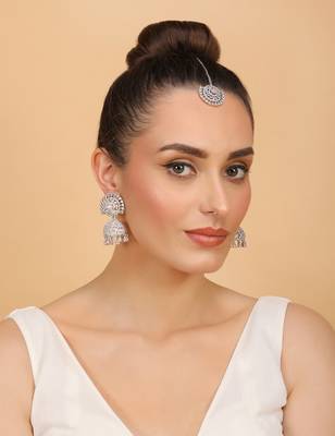 Rhodium Plated Pink Stone Jhumka with Tikka 216ED692 4