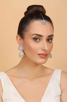 Rhodium Plated Pink Stone Jhumka with Tikka 216ED692