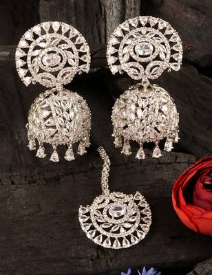 Rhodium Plated White Stone Jhumka with Tikka 216ED693 1