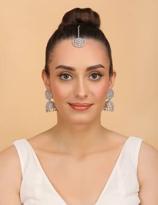 Rhodium Plated White Stone Jhumka with Tikka 216ED693 2