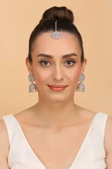 Rhodium Plated White Stone Jhumka with Tikka 216ED693