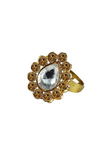Brass Gold Platted  Golden Stone Studded  Ring With Adjustable